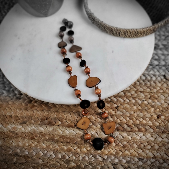 Vintage Boho long petrified chunky wood bead slice necklace - Picture 5 of 14